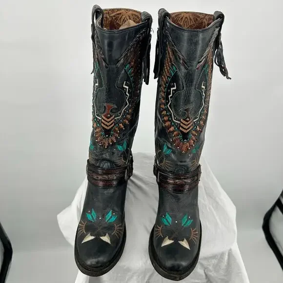 Women's Black Corral Eagle Overlay w/ Embroidery & Harness Biker Boots 10M A3616 - Picture 3 of 9